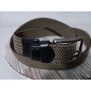 Men's Black Woven Belt with Leather Trim and Silver Buckle, Men's Size S/M